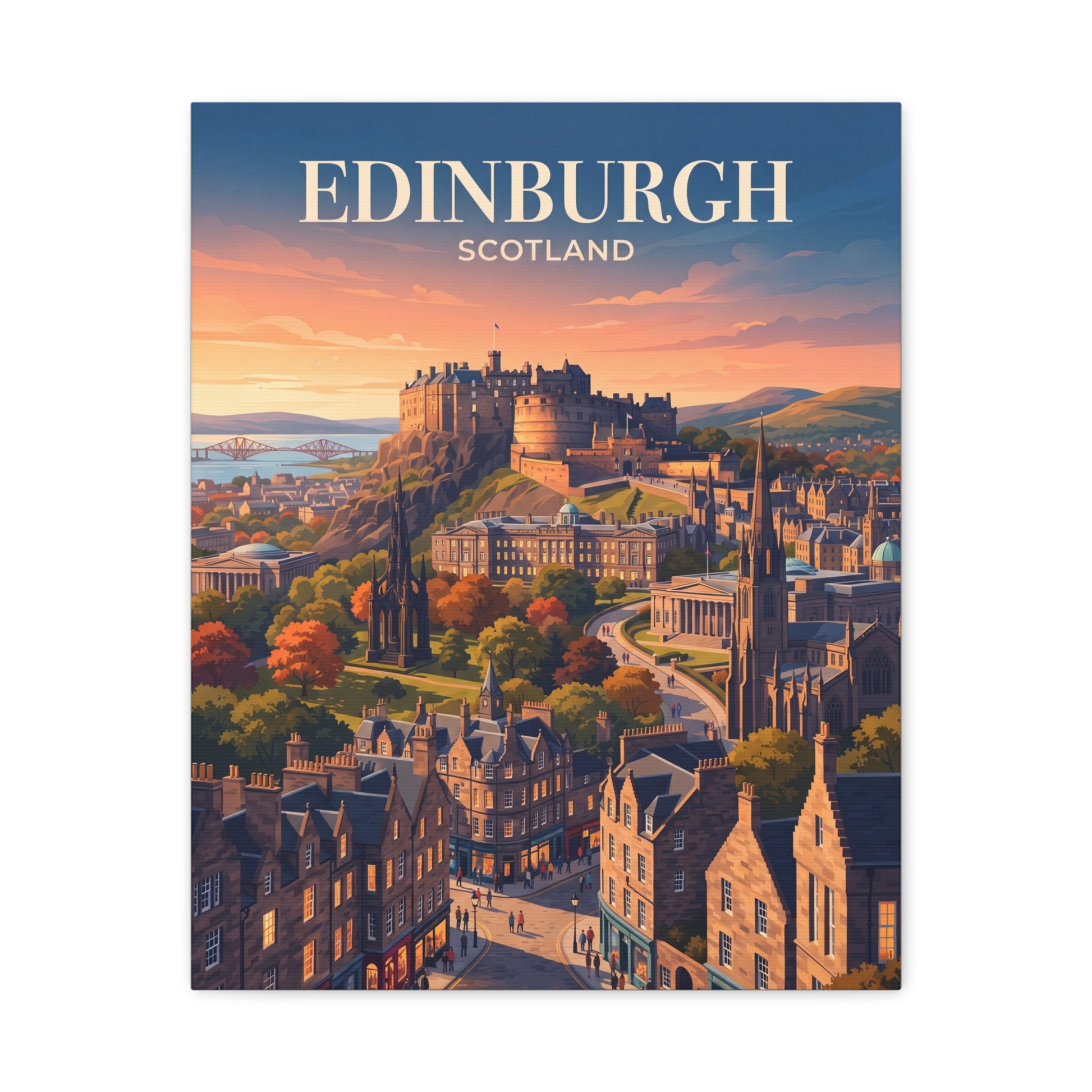 Matte canvas wall art of Edinburgh skyline with castle and 'EDINBURGH' title, sunset