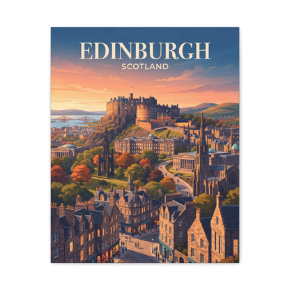 Matte canvas wall art of Edinburgh skyline with castle and 'EDINBURGH' title, sunset