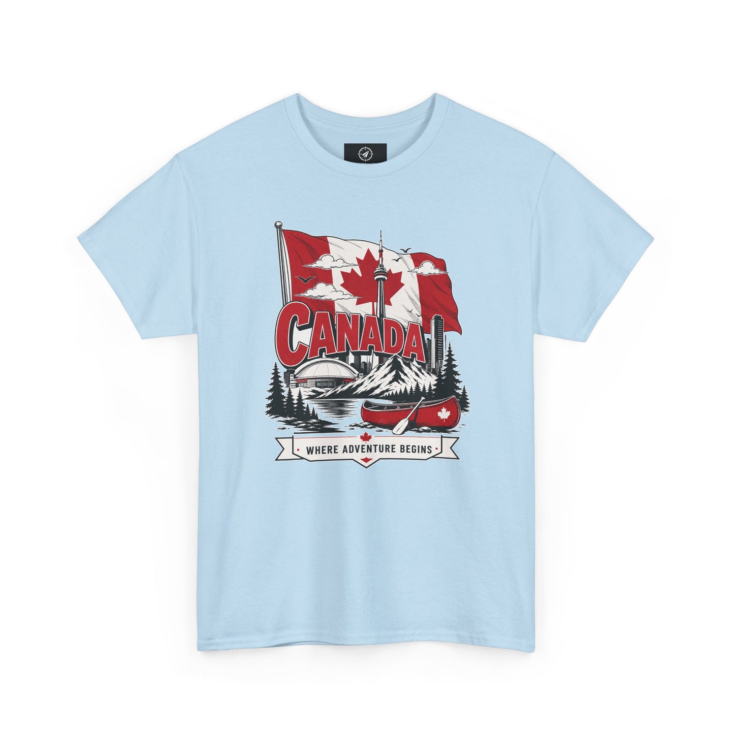 Light blue Canada graphic T-shirt with canoe-and-maple leaf illustration at center
