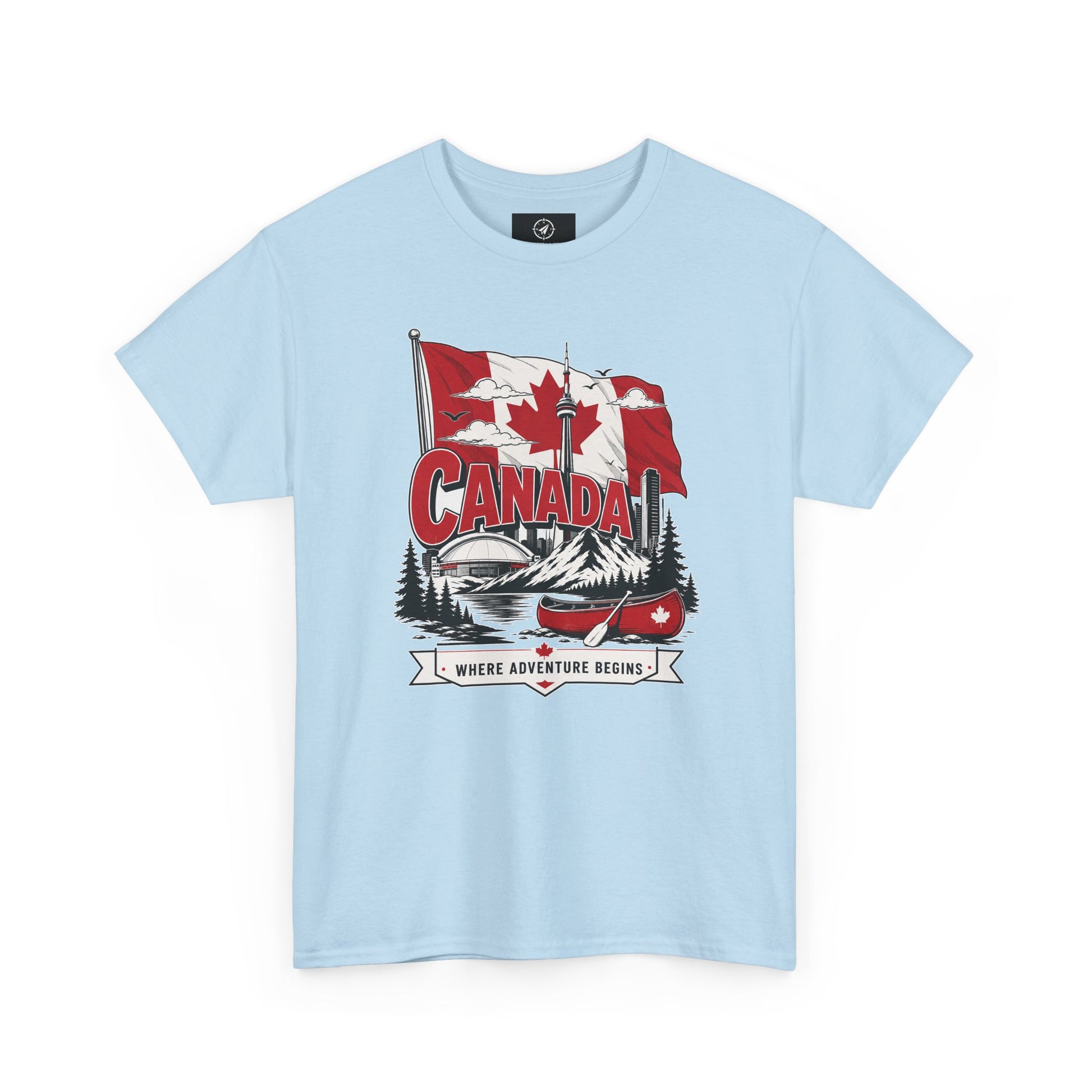Light blue Canada graphic T-shirt with canoe-and-maple leaf illustration at center