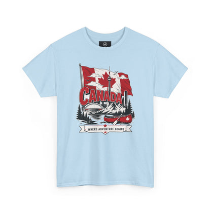 Light blue Canada graphic T-shirt with canoe-and-maple leaf illustration at center