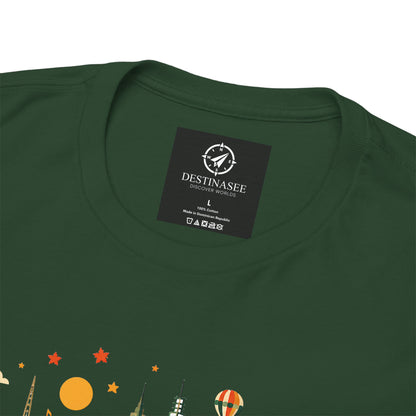 Dark green T-shirt with neckline label and colorful Melbourne skyline graphic