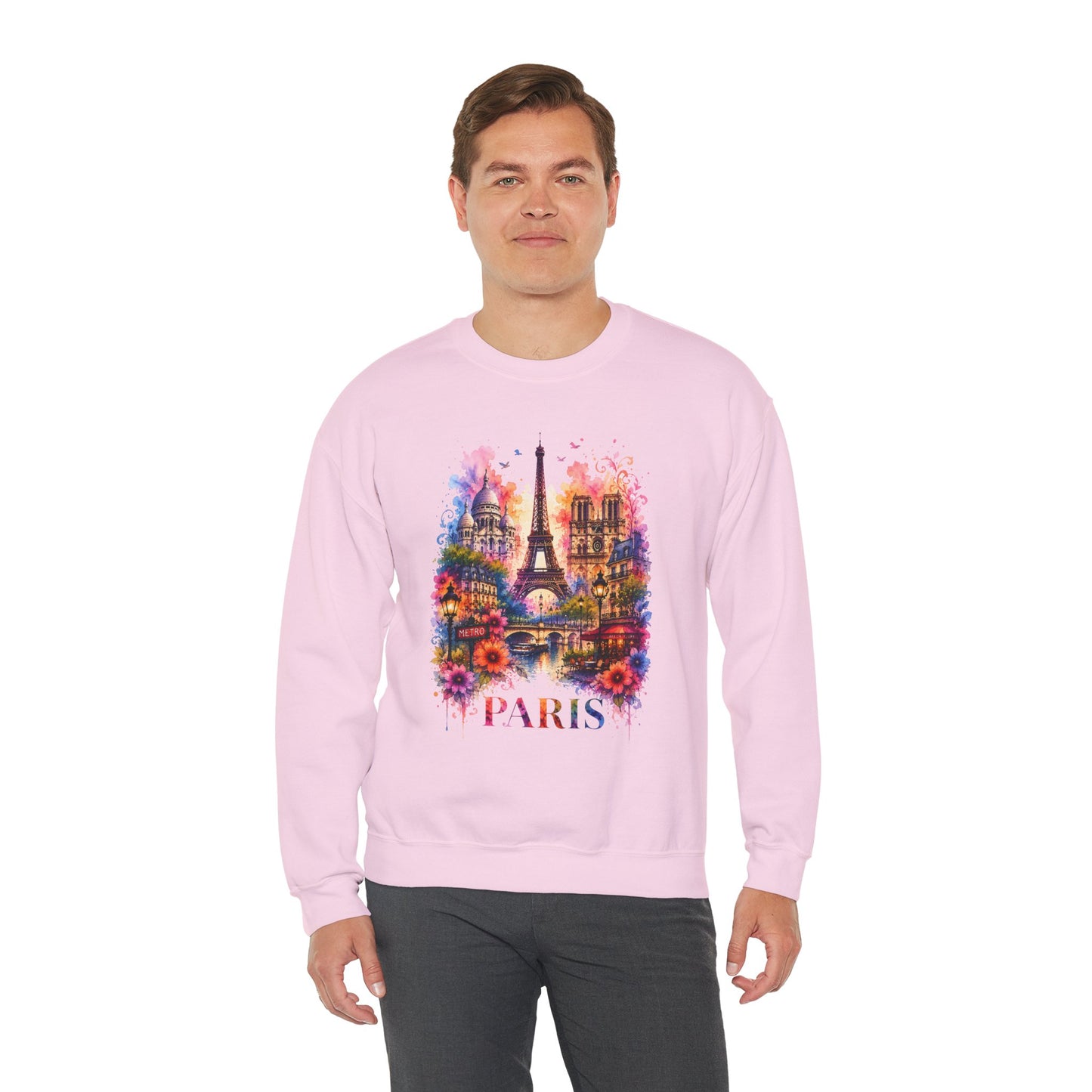 Pink crewneck sweatshirt with colorful Paris Eiffel Tower watercolor graphic