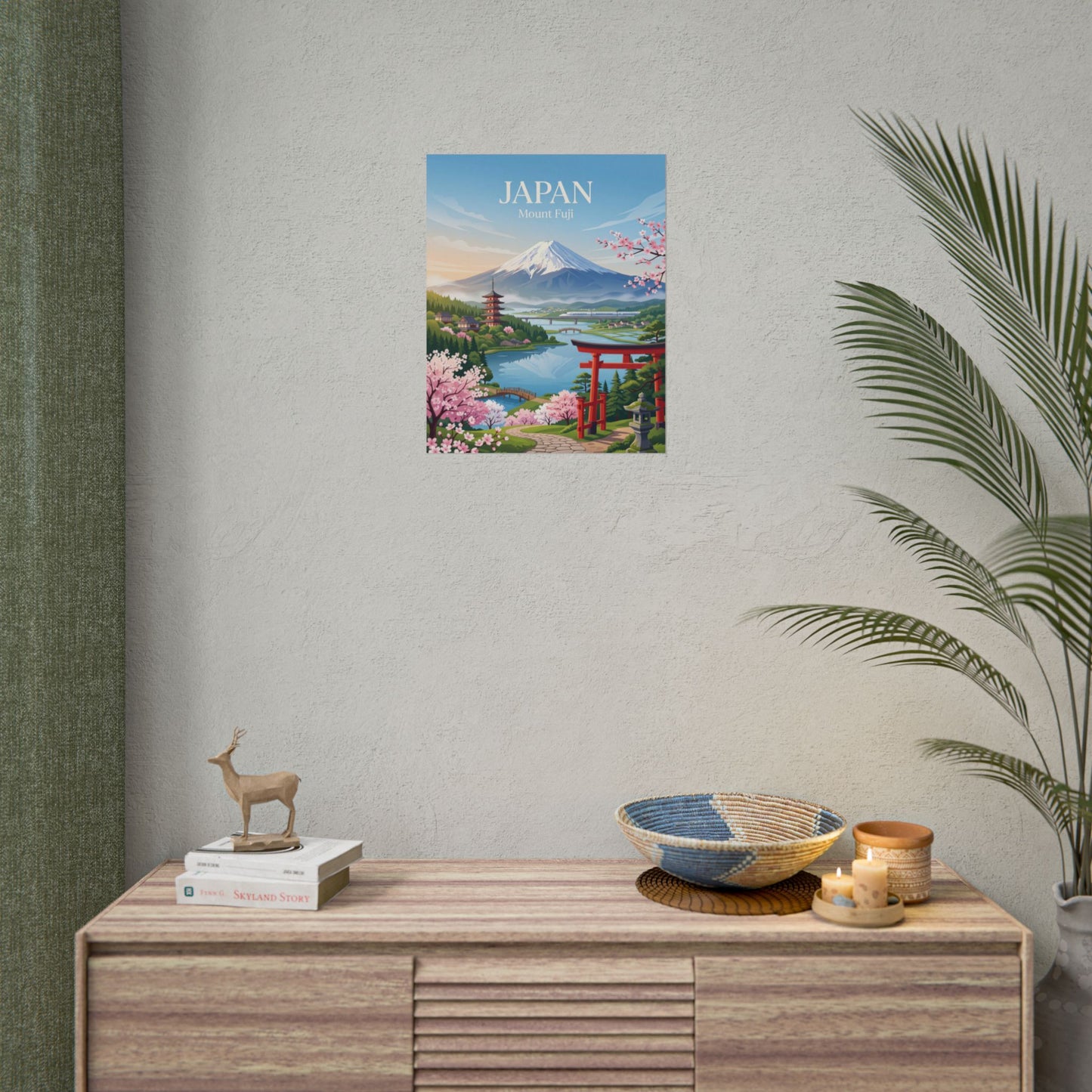 Small rolled poster showing JAPAN Mount Fuji, red torii gate, and pink blossoms
