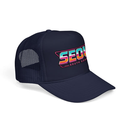 Dark navy mesh trucker hat with front logo patch reading “SEOUL SOUTH KOREA”.