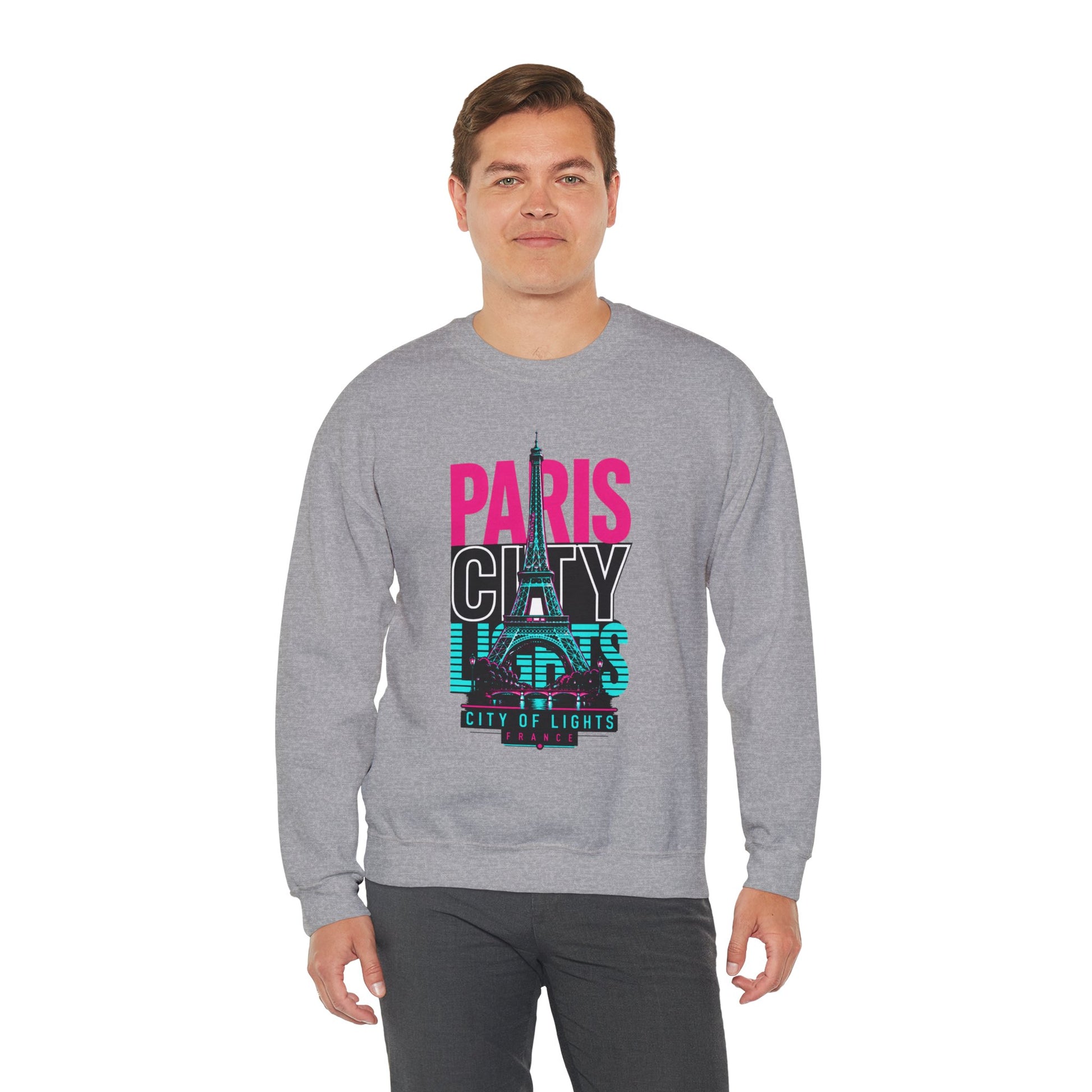 Heather gray crewneck sweatshirt with Eiffel Tower lights “PARIS CITY OF LIGHTS” graphic