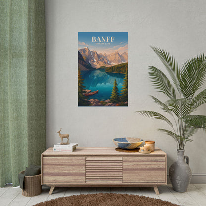 Rolled landscape poster featuring turquoise lake, mountain peaks, pine trees, and canoe