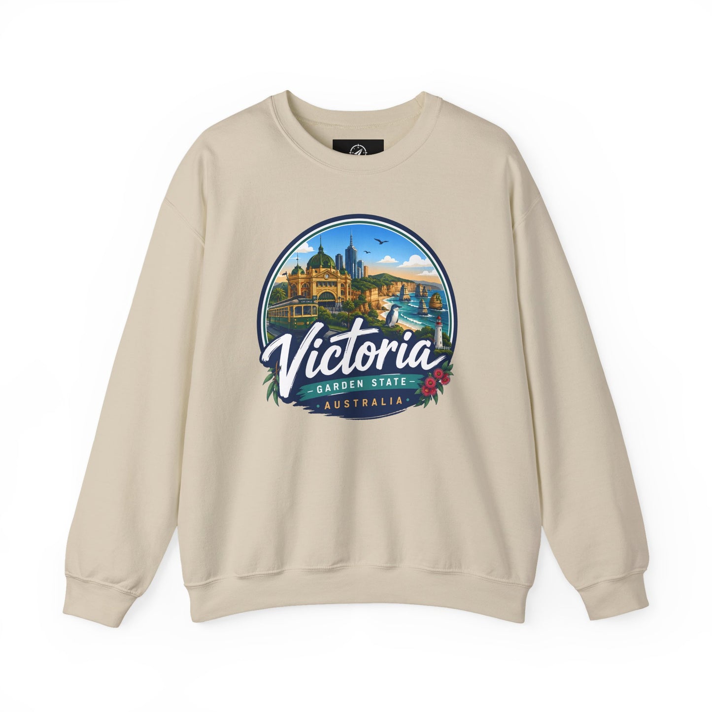 Sand crewneck sweatshirt with circular Victoria Australia graphic on the chest