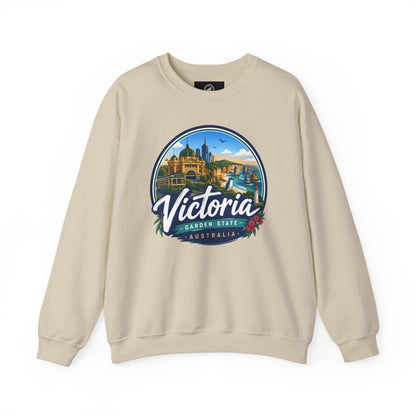 Sand crewneck sweatshirt with circular Victoria Australia graphic on the chest