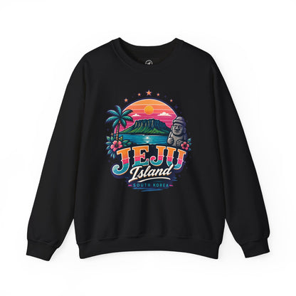 Black crewneck sweatshirt with colorful front graphic print