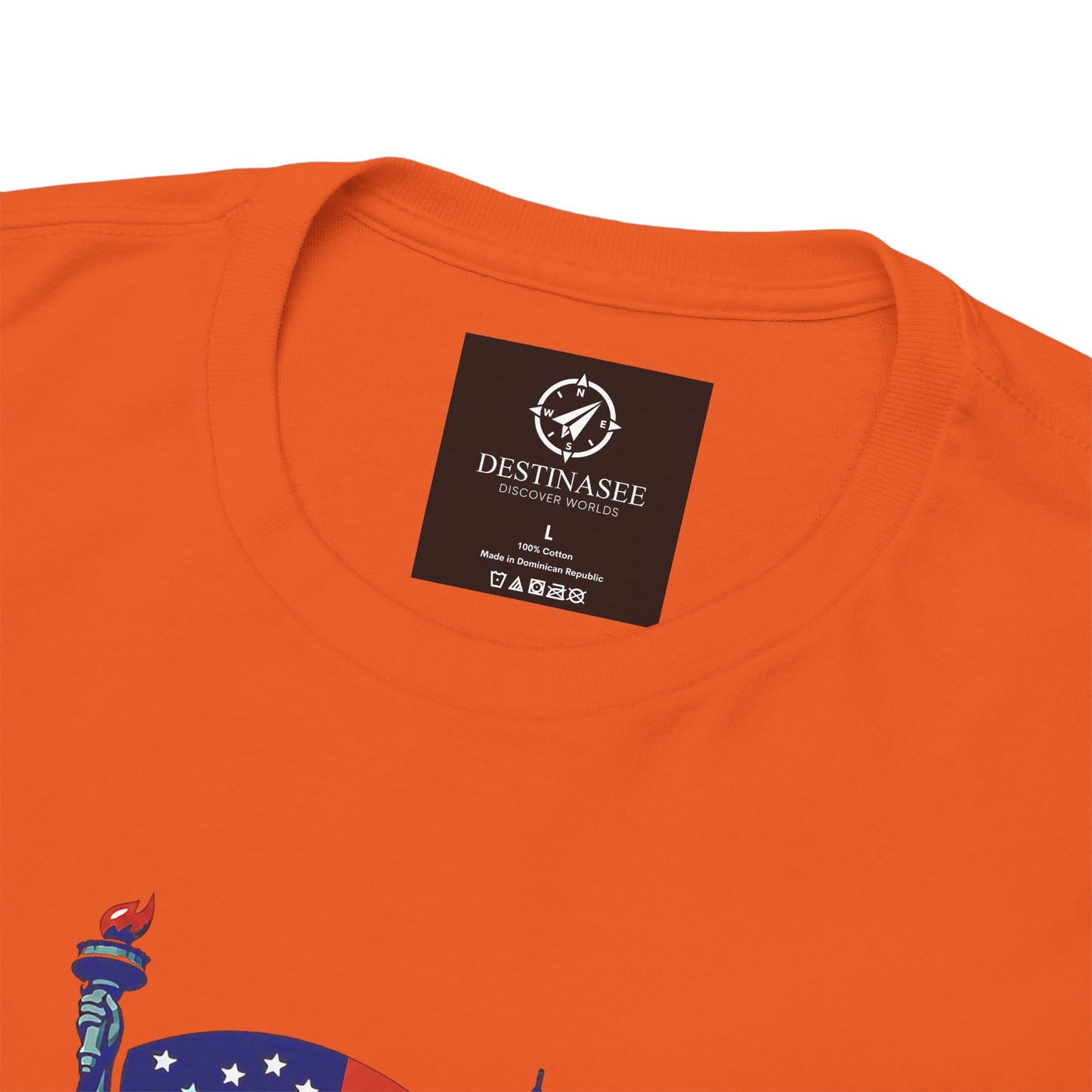 Orange T-shirt with small black neck label