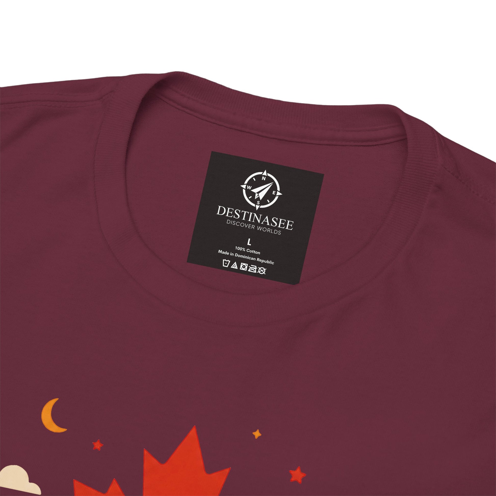 Maroon crew-neck tee close-up showing back tag and part of Canada artwork
