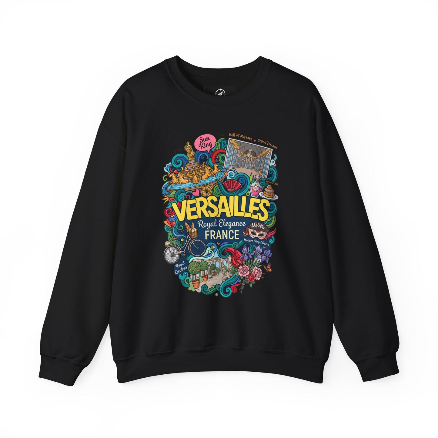 Black crewneck sweatshirt with colorful Versailles-themed graphic on the front