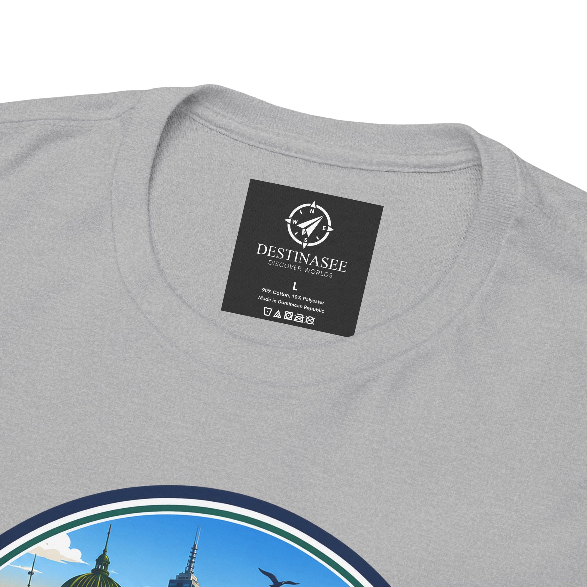 Light gray crew-neck T-shirt with small neck label and partial circular Victoria print