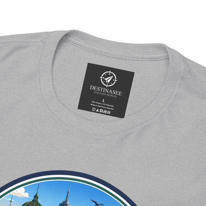 Light gray crew-neck T-shirt with small neck label and partial circular Victoria print