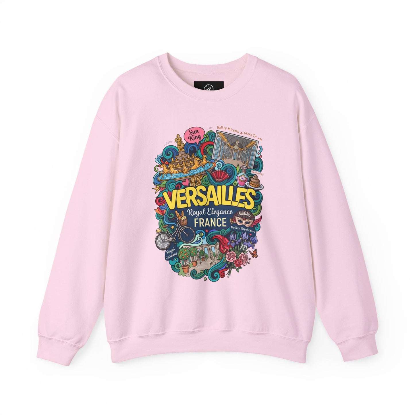 Pink crewneck sweatshirt with colorful Versailles graphic on the front