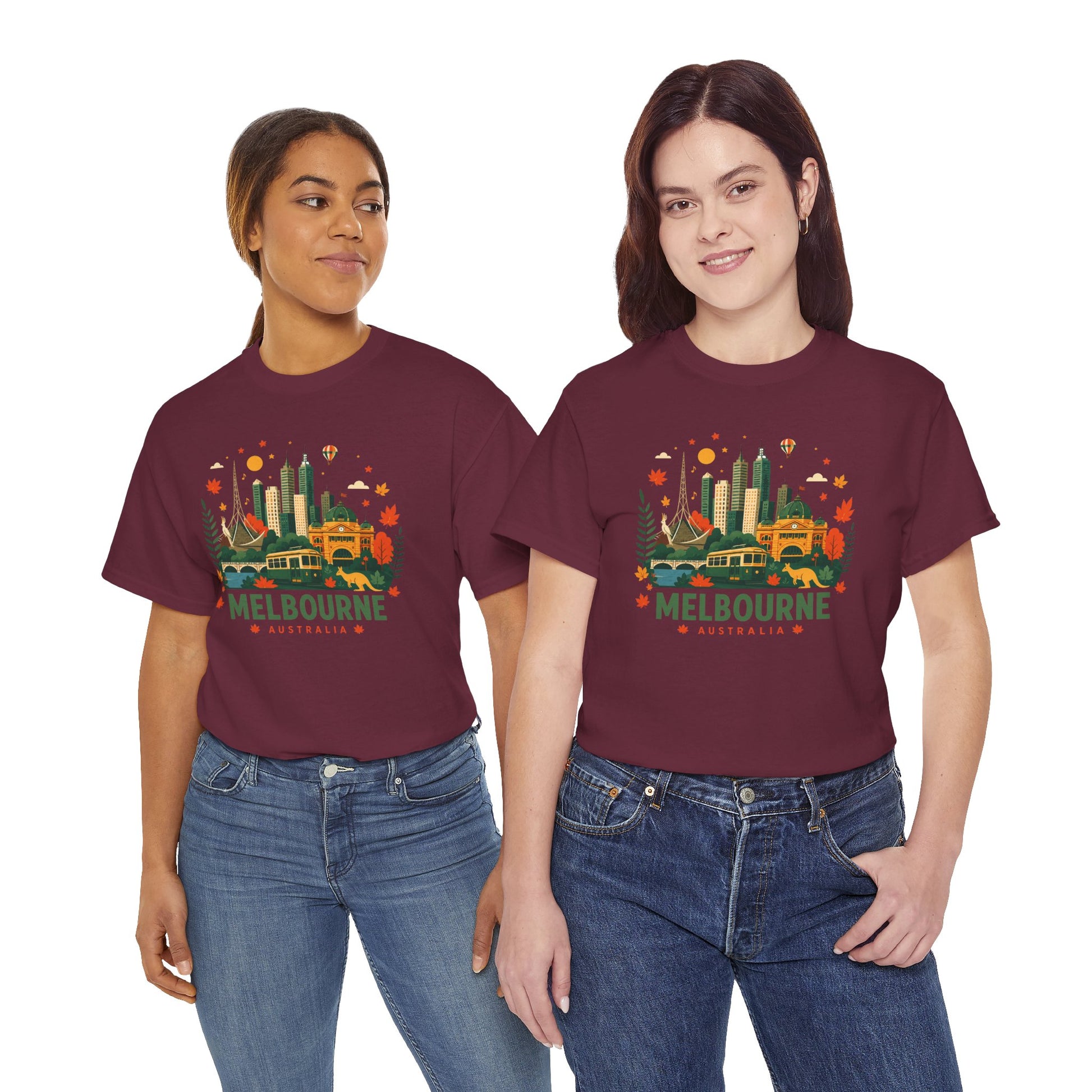 Maroon crew-neck T-shirt with colorful Melbourne skyline graphic on front.