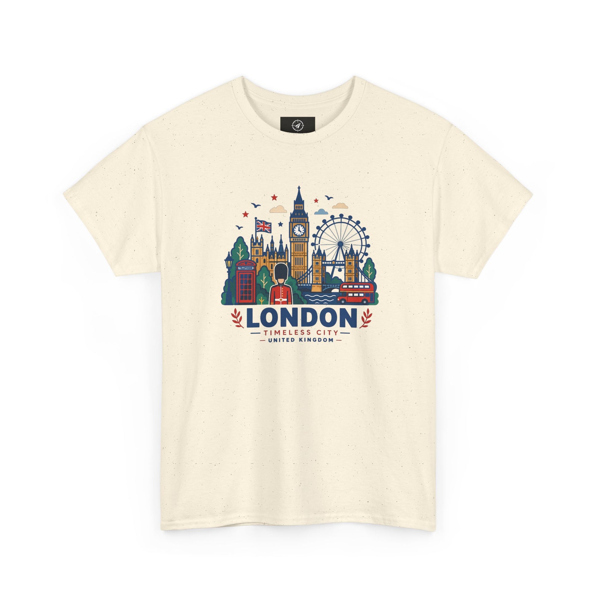 Natural crew neck T-shirt with colorful London skyline graphic on the front