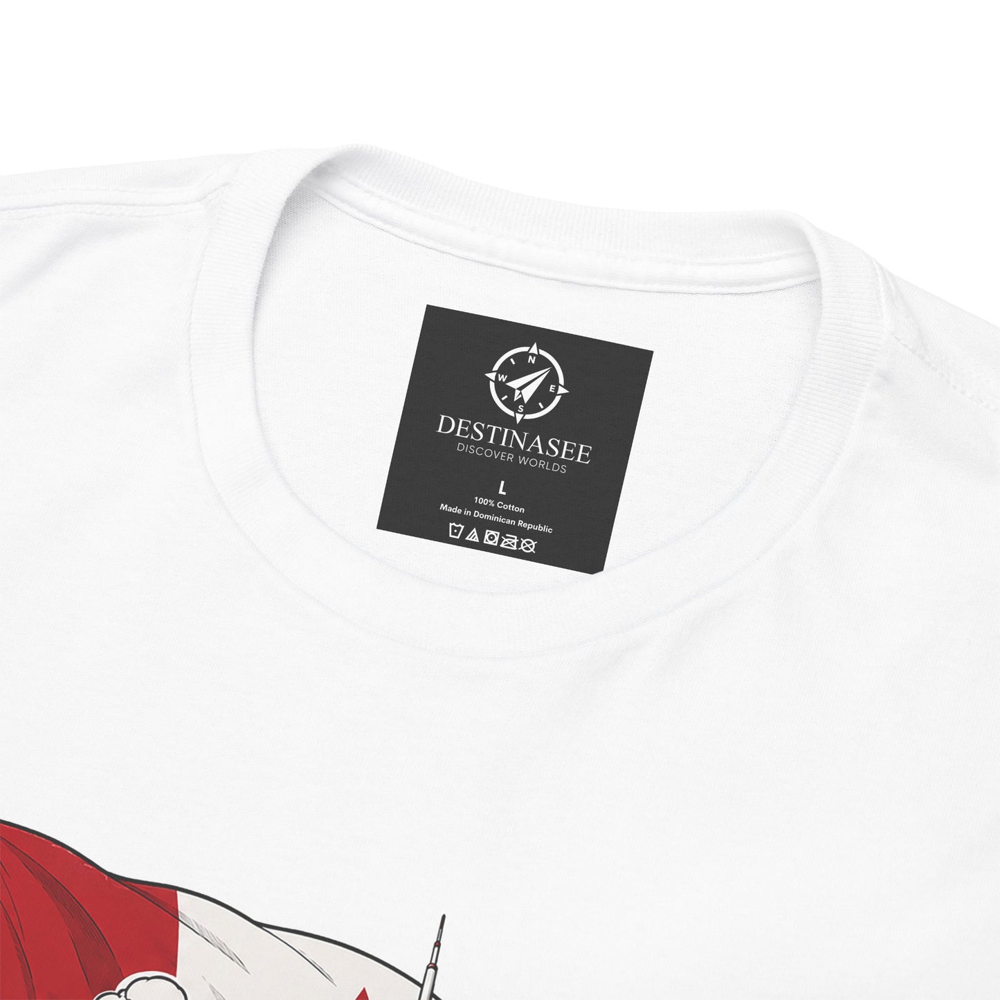 Men's white T-shirt neckline with small square brand label and crew neck.