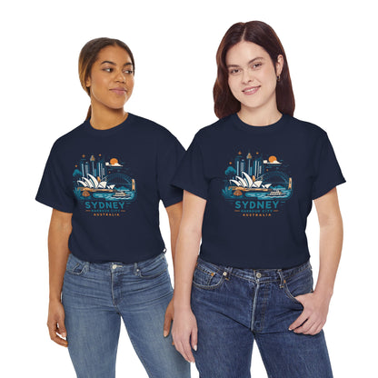 Navy crew-neck T-shirt with colorful Sydney Australia cityscape graphic front