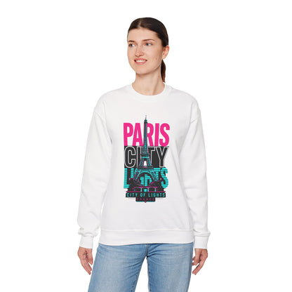 White crewneck sweatshirt with colorful "PARIS CITY" Eiffel Tower graphic on front