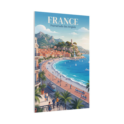 Vertical matte canvas wall art showing "FRANCE" above a coastal walkway, blue water, and mountains.