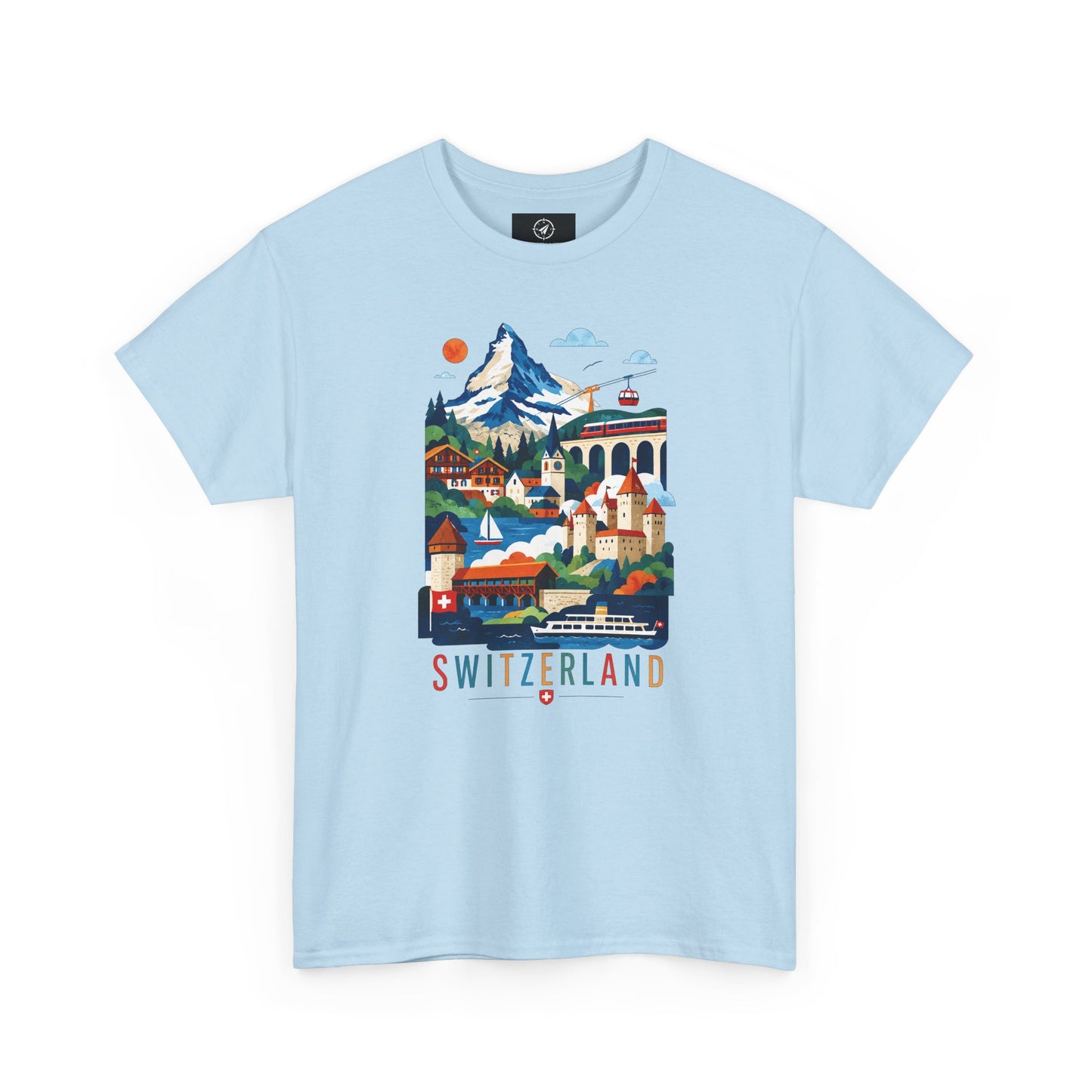 Light blue short-sleeve T-shirt with Switzerland town graphic print