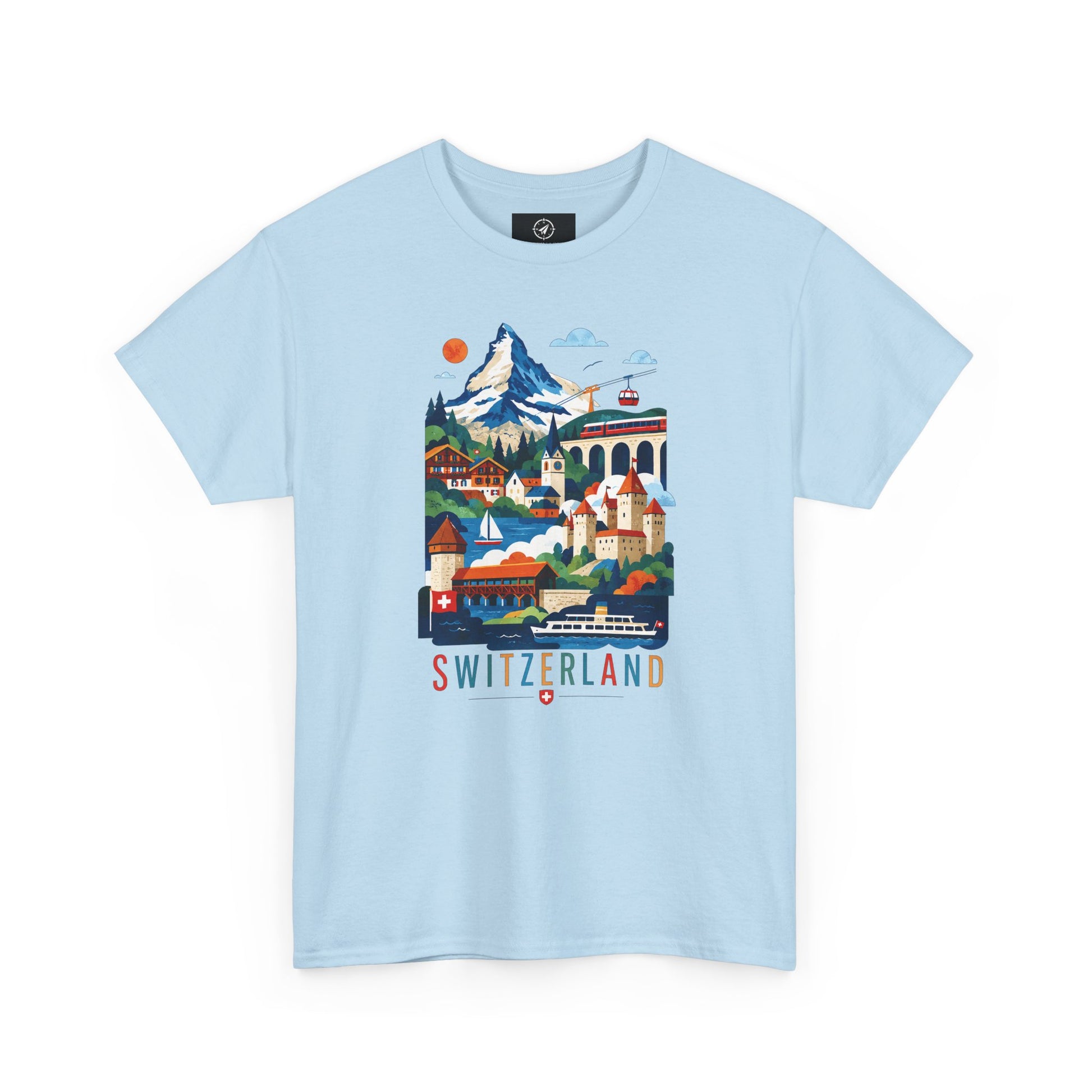 Light blue short-sleeve T-shirt with Switzerland town graphic print