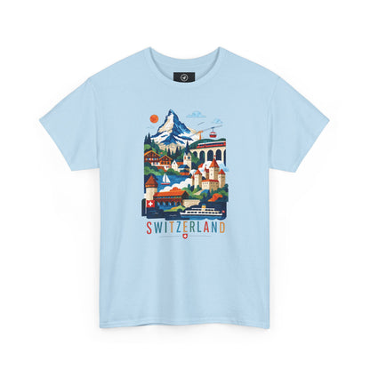 Light blue short-sleeve T-shirt with Switzerland town graphic print