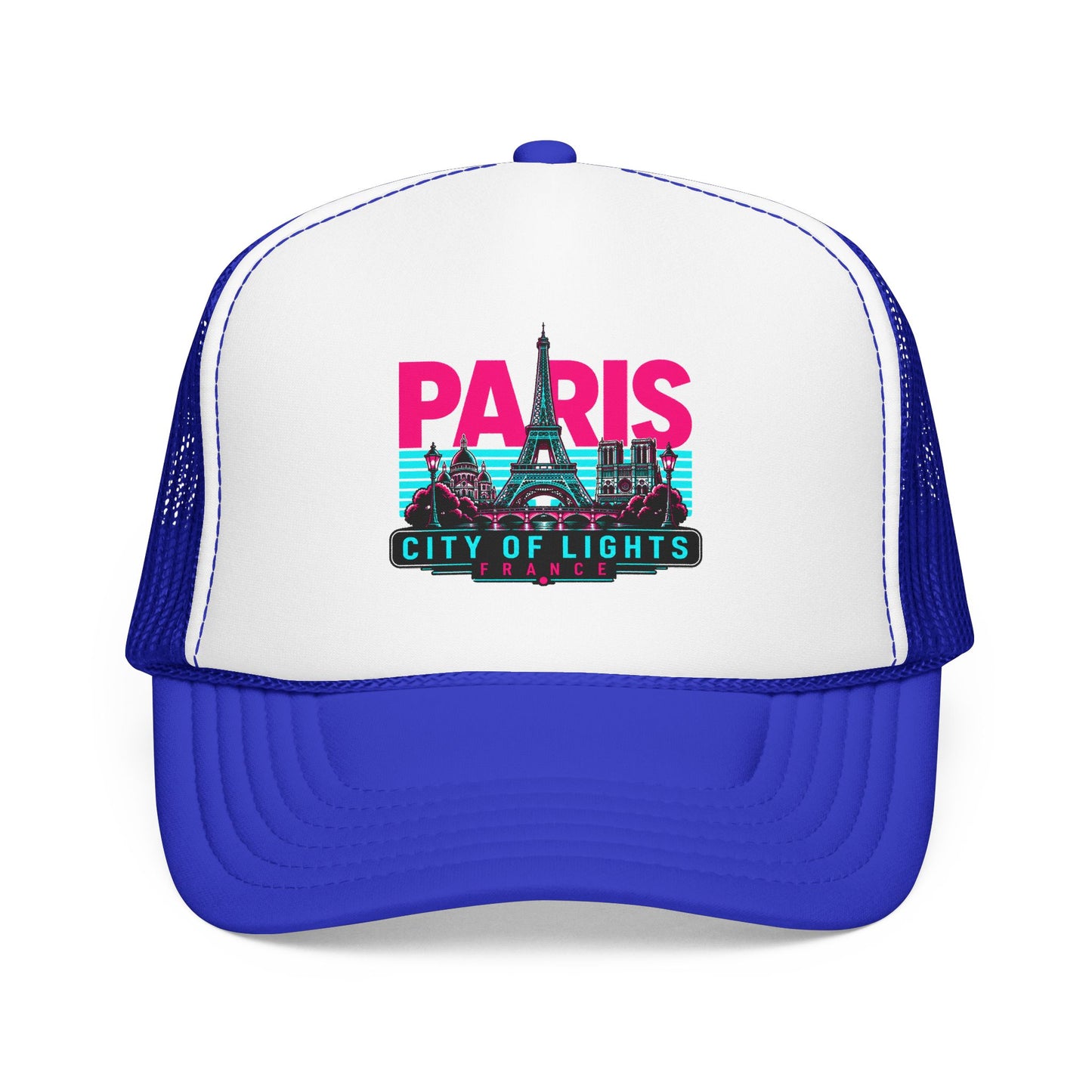 White trucker hat with royal blue mesh sides and Paris City of Lights graphic, curved brim.