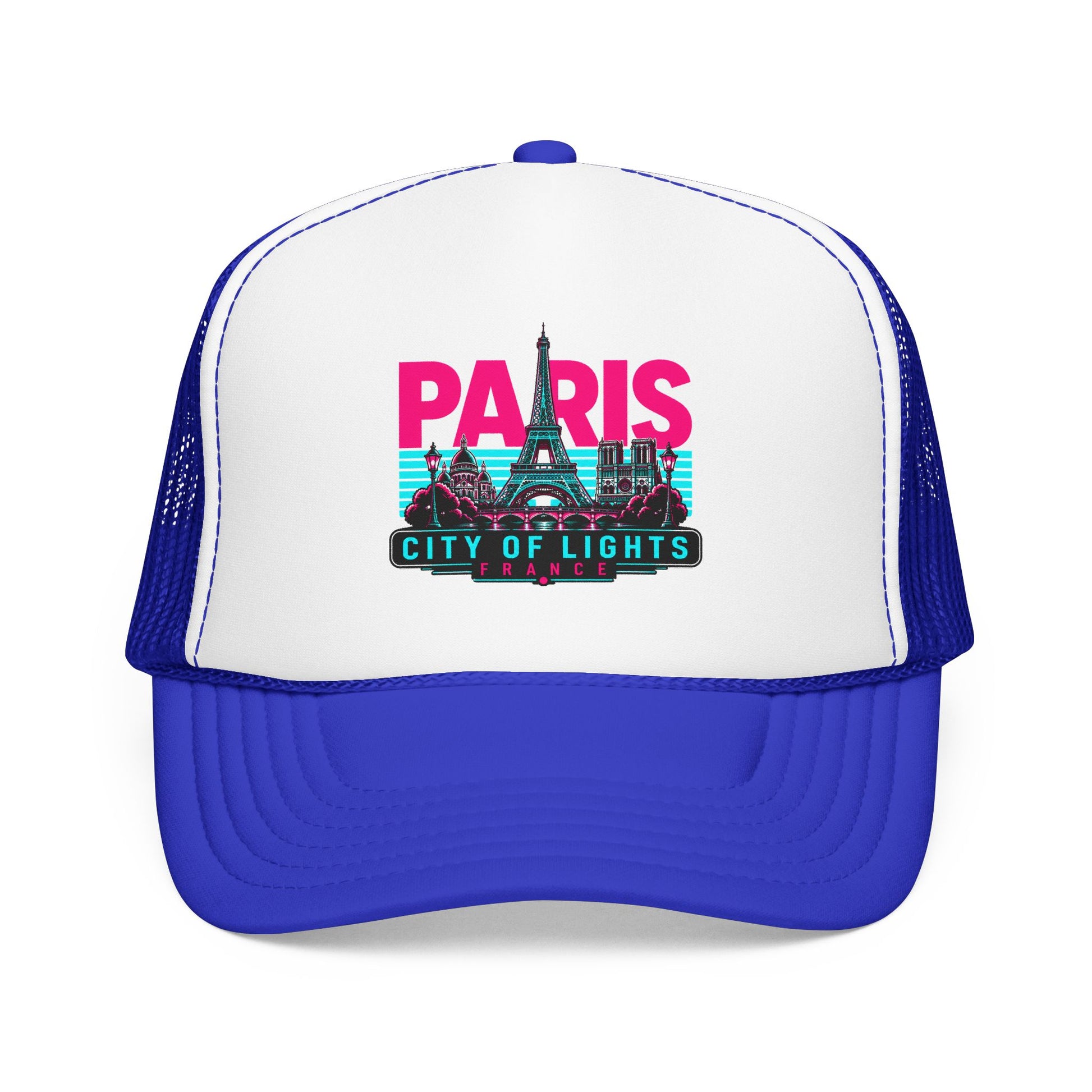 White trucker hat with royal blue mesh sides and Paris City of Lights graphic, curved brim.