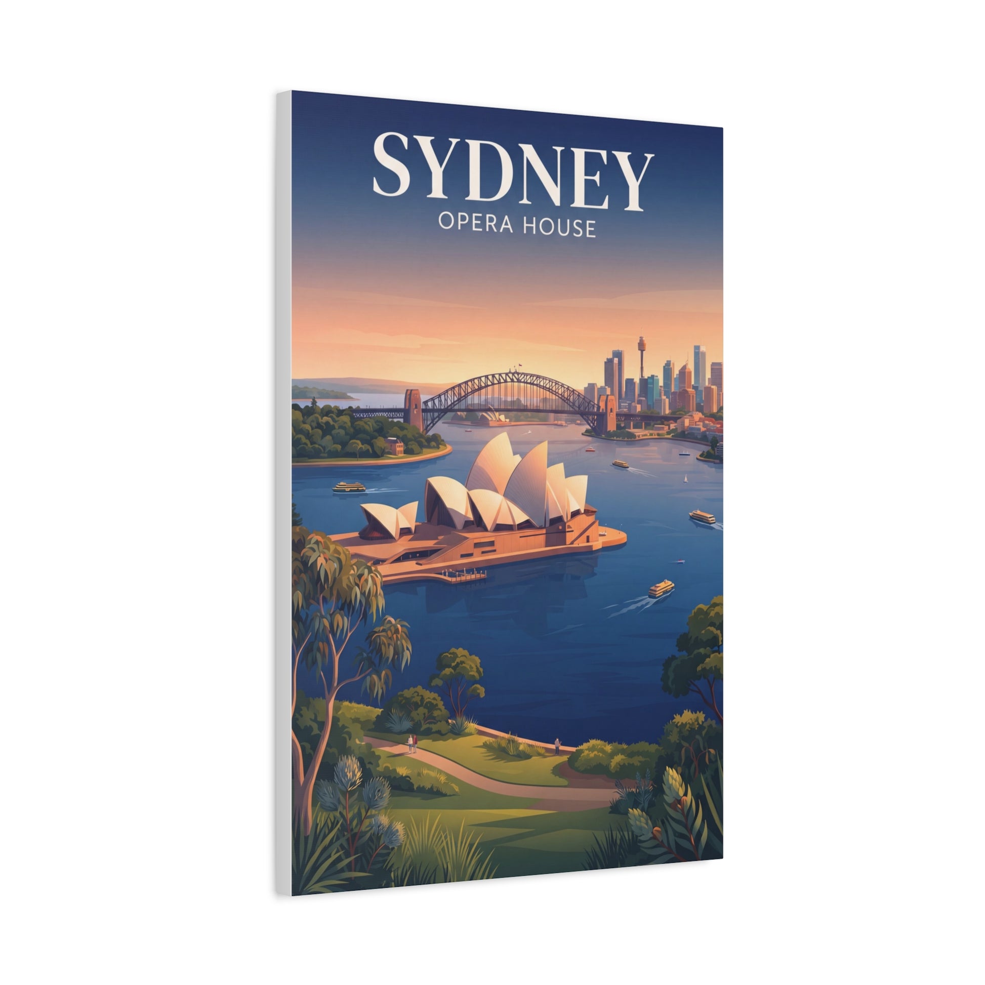 Rectangular canvas wall art showing Sydney Opera House at dusk with “SYDNEY” headline