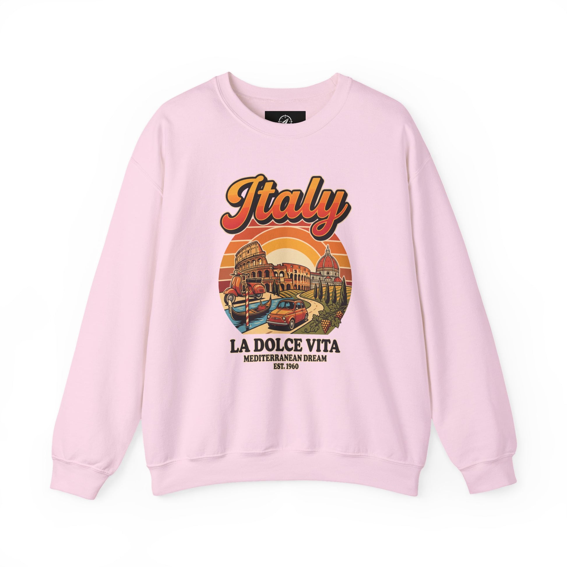 Light pink crewneck sweatshirt with multicolor “Italy La Dolce Vita” graphic on front