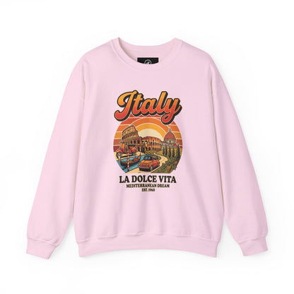 Light pink crewneck sweatshirt with multicolor “Italy La Dolce Vita” graphic on front
