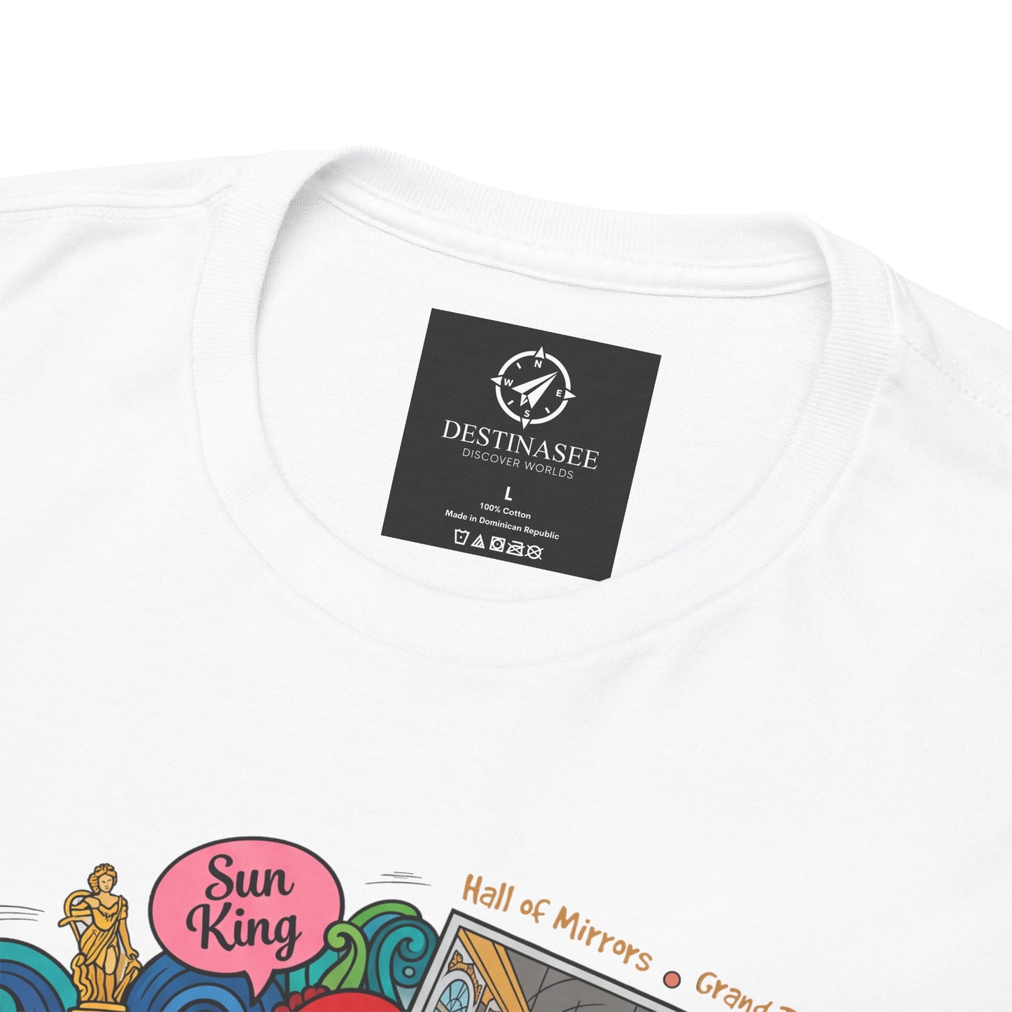 White crewneck T-shirt with small back neck logo and partial front graphic.