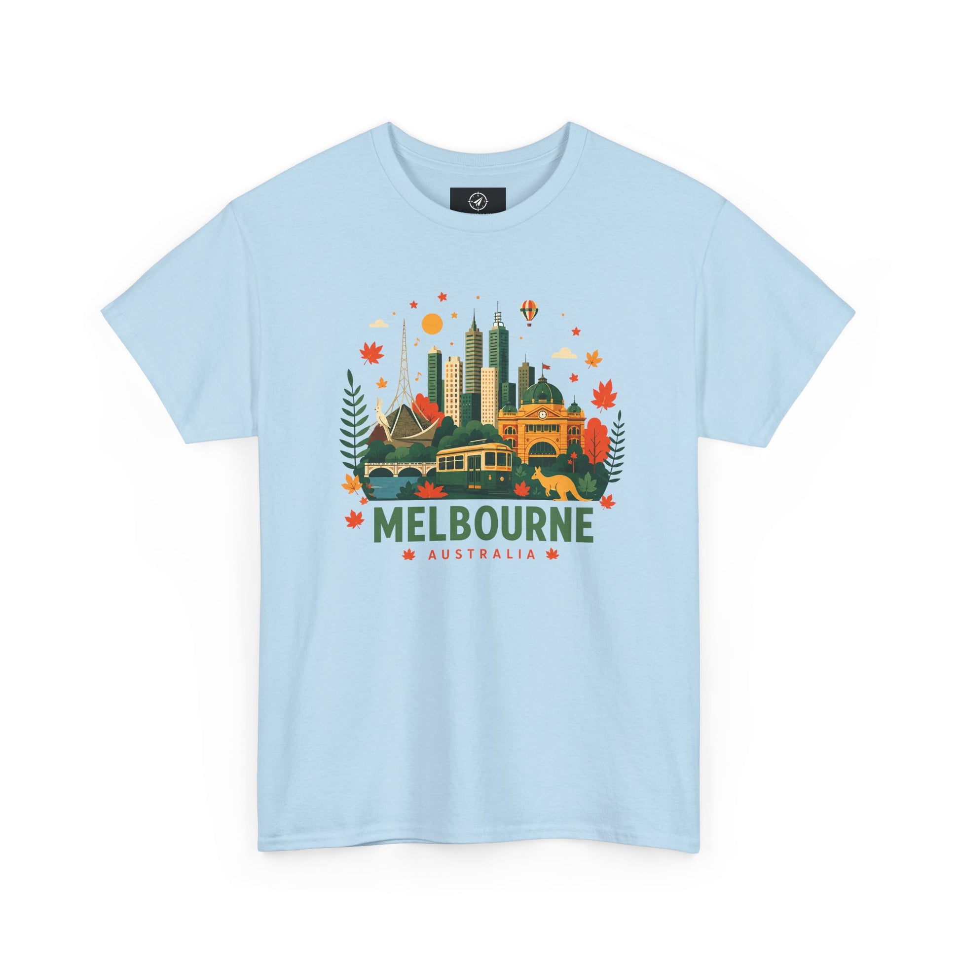 Light blue T-shirt with Melbourne skyline and colorful autumn front graphic