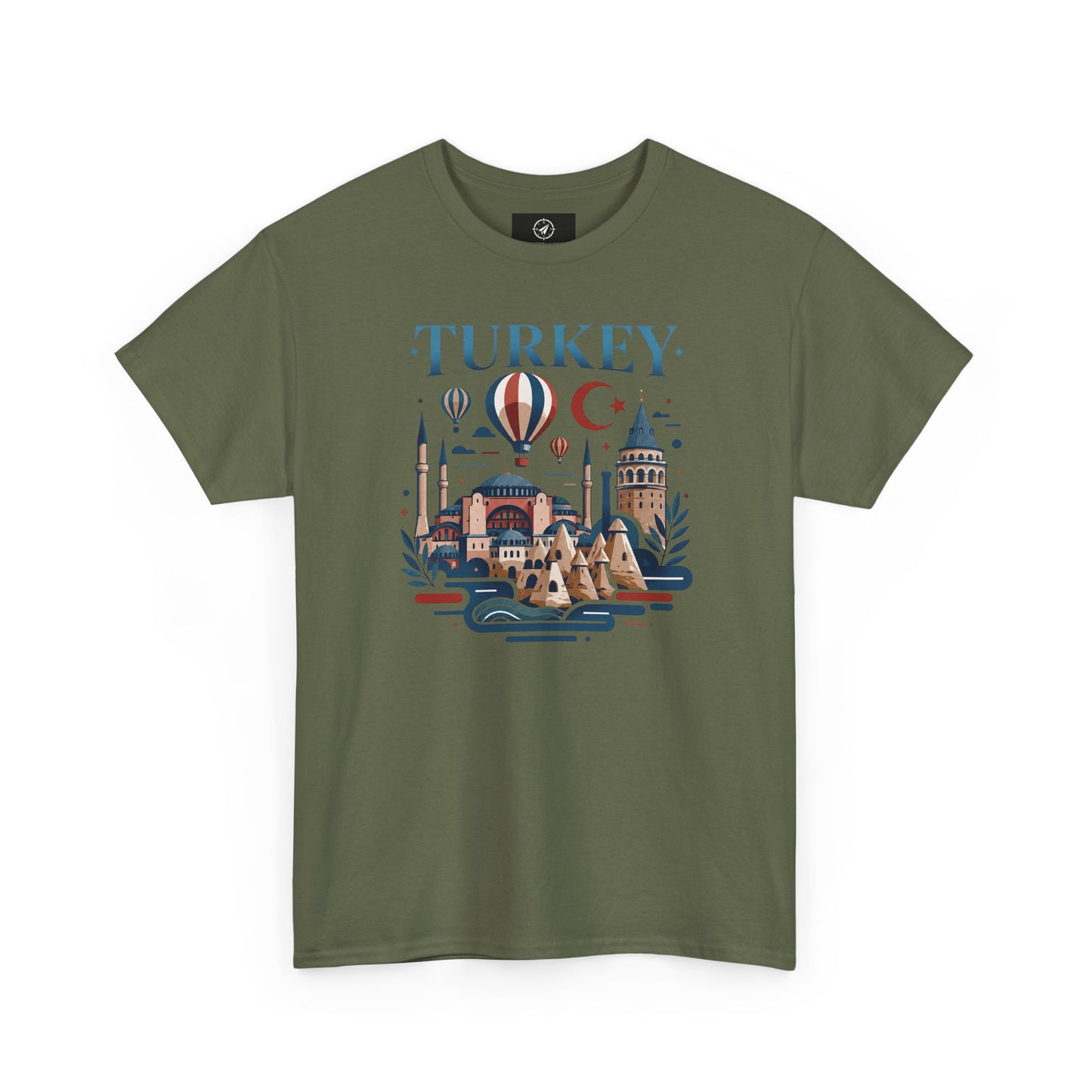 Forest green T-shirt with Turkey skyline and hot air balloon graphic