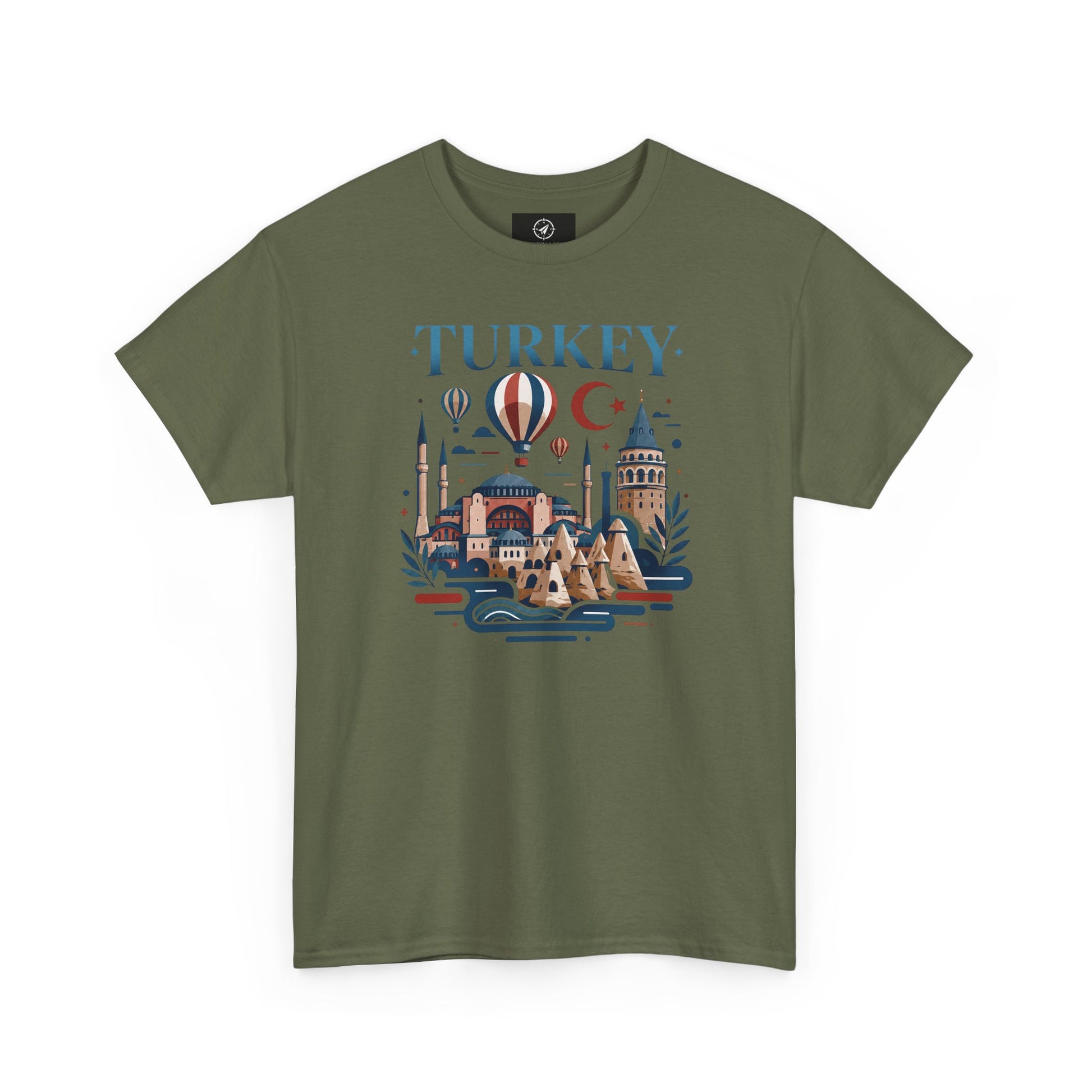 Forest green T-shirt with Turkey skyline and hot air balloon graphic