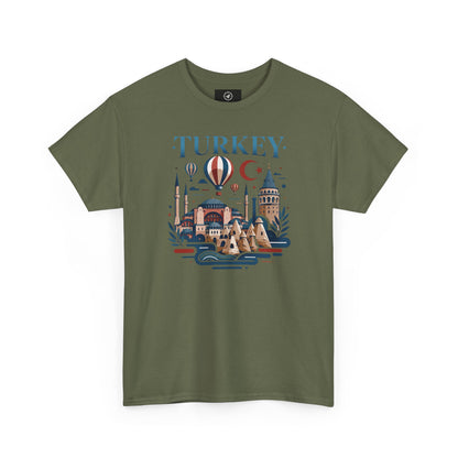 Forest green T-shirt with Turkey skyline and hot air balloon graphic