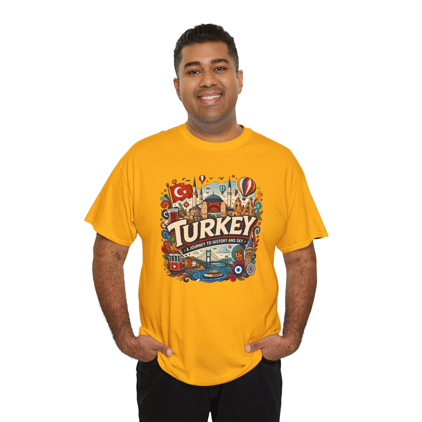 Yellow graphic tee featuring a colorful Turkey-themed central chest print