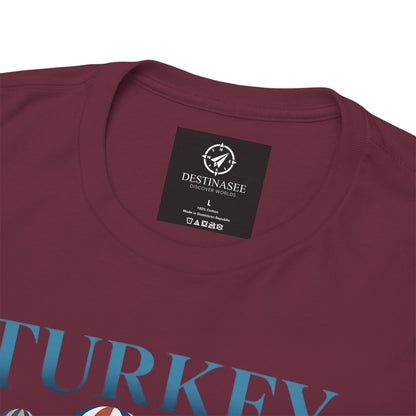 Burgundy T-shirt with Destinasee label and partial blue Turkey graphic