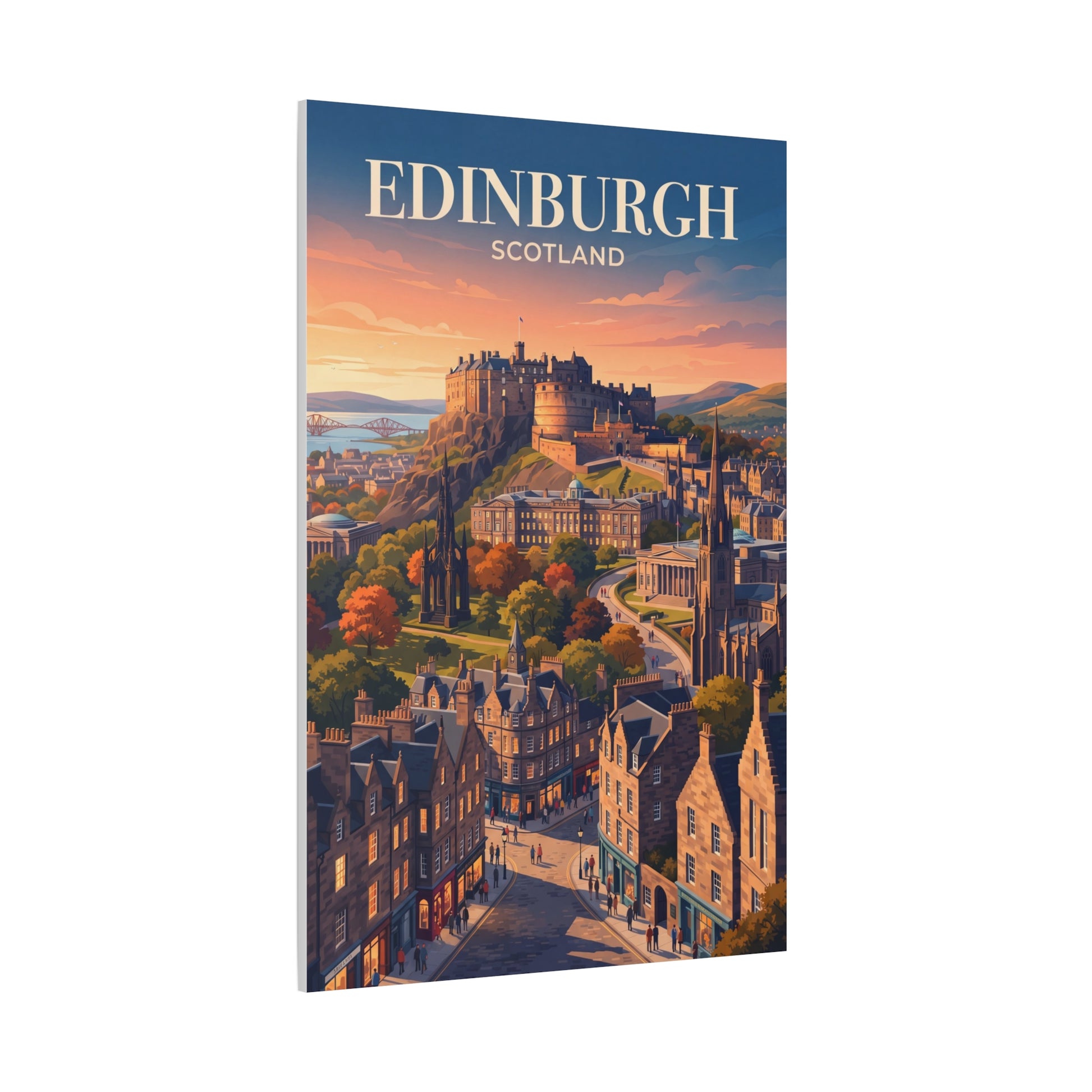 Matte canvas wall art of Edinburgh skyline with winding road and 'EDINBURGH' title