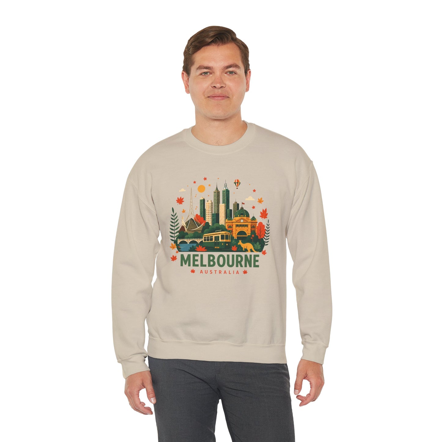 Sand crewneck sweatshirt with Melbourne city graphic print