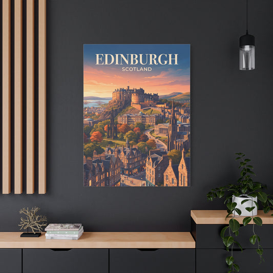 Matte canvas wall art of Edinburgh cityscape with 'EDINBURGH' title, sunset colors