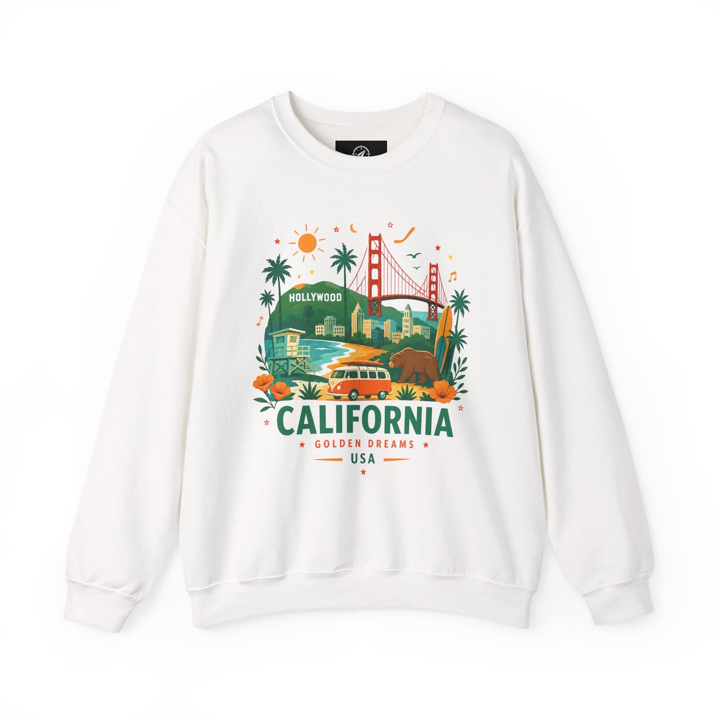 White crewneck sweatshirt, front view with California graphic and round neckline