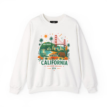 White crewneck sweatshirt, front view with California graphic and round neckline
