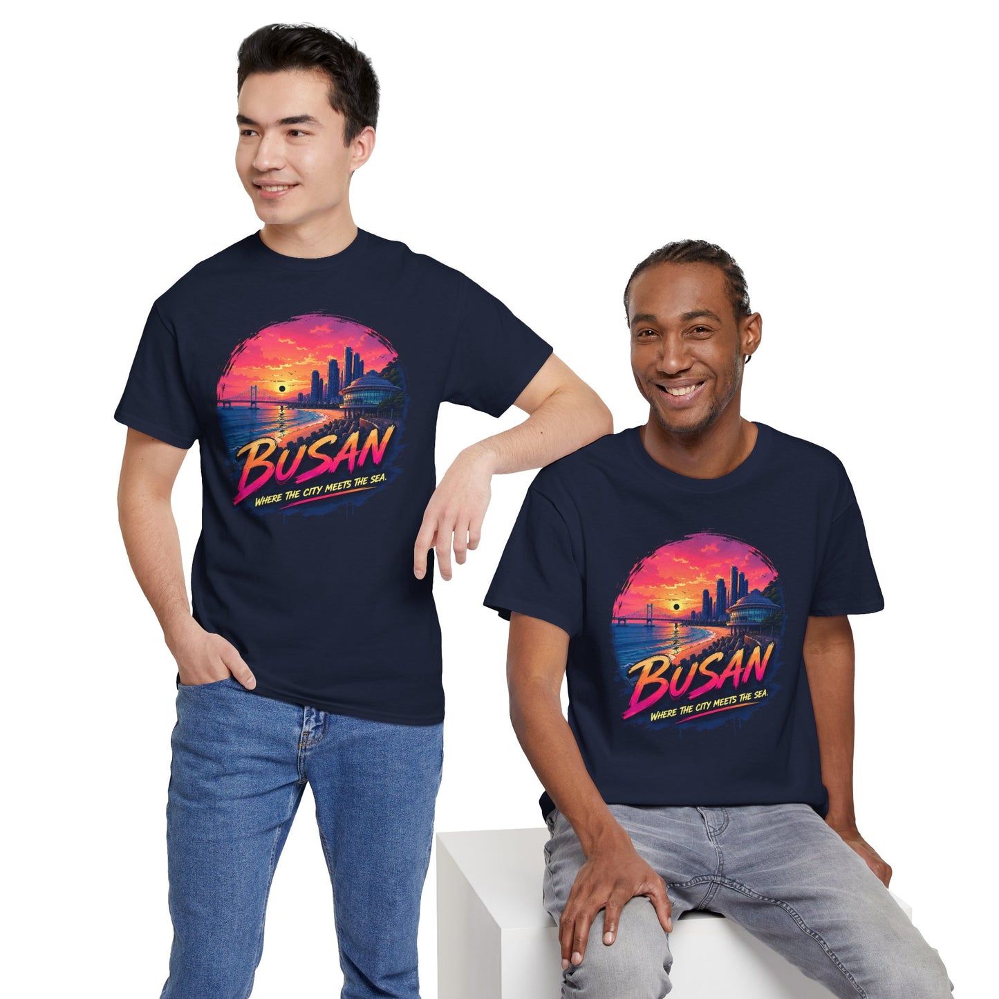 Navy crew-neck T-shirt with Busan sunset city graphic on front, worn by two models