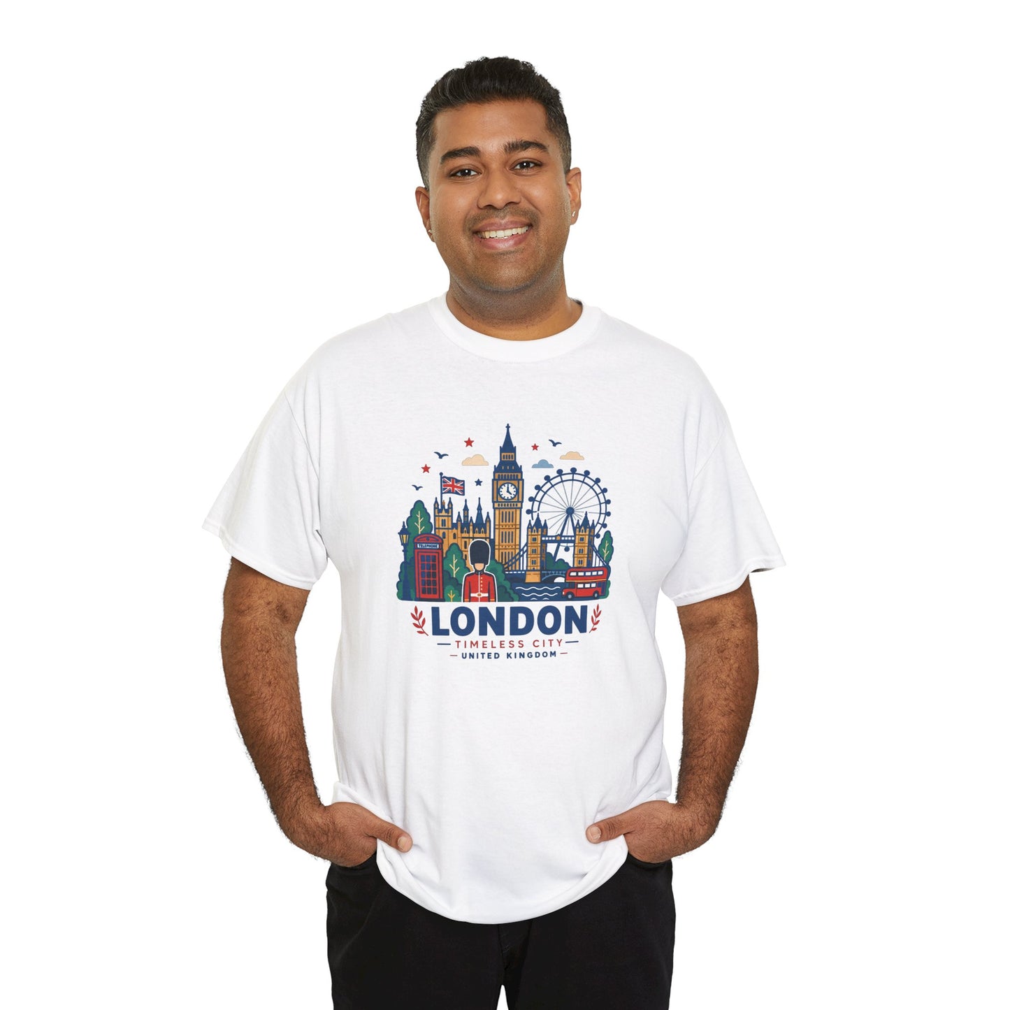 White crew-neck T-shirt with colorful London skyline graphic on chest