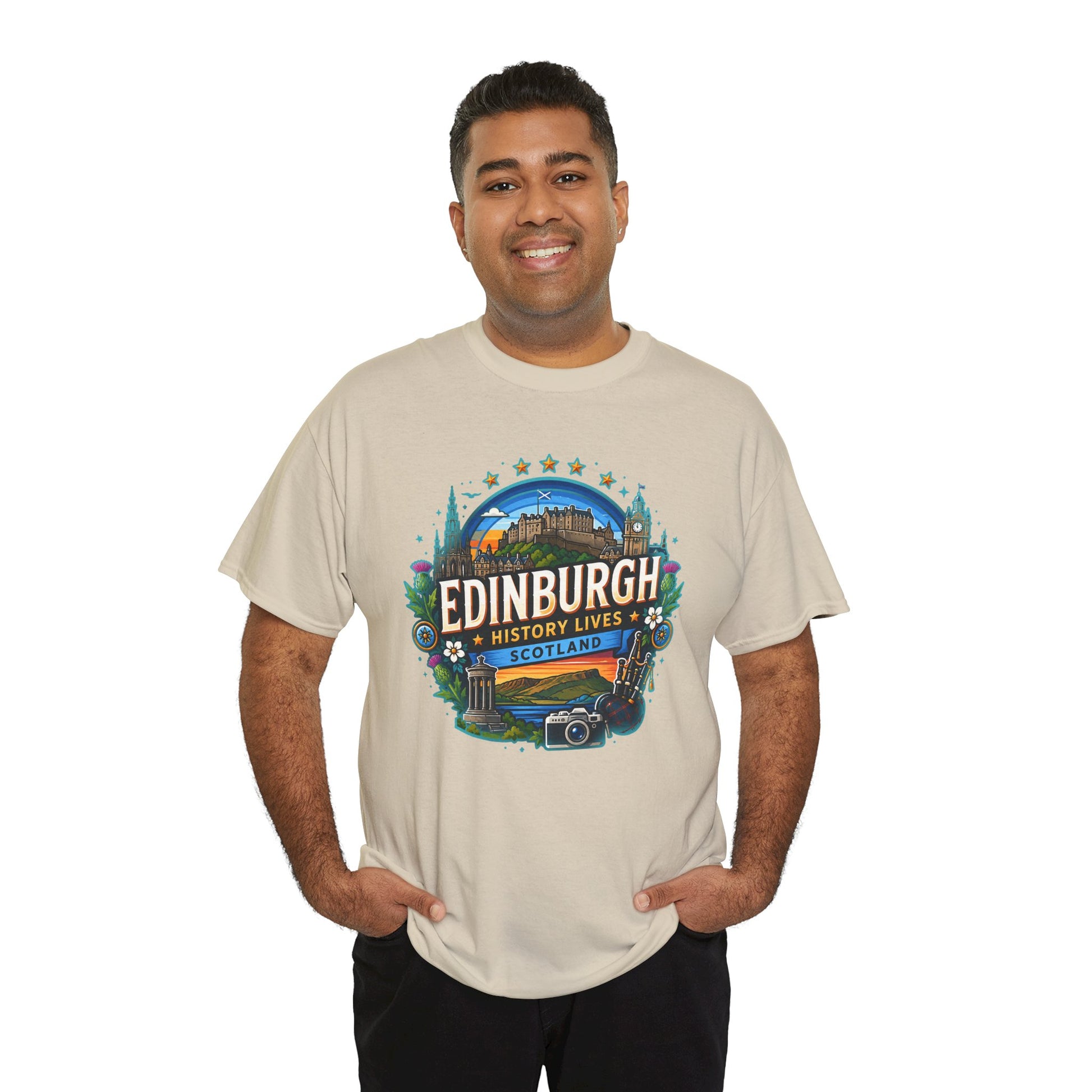 Light tan crew-neck T-shirt with large centered Edinburgh-themed graphic print
