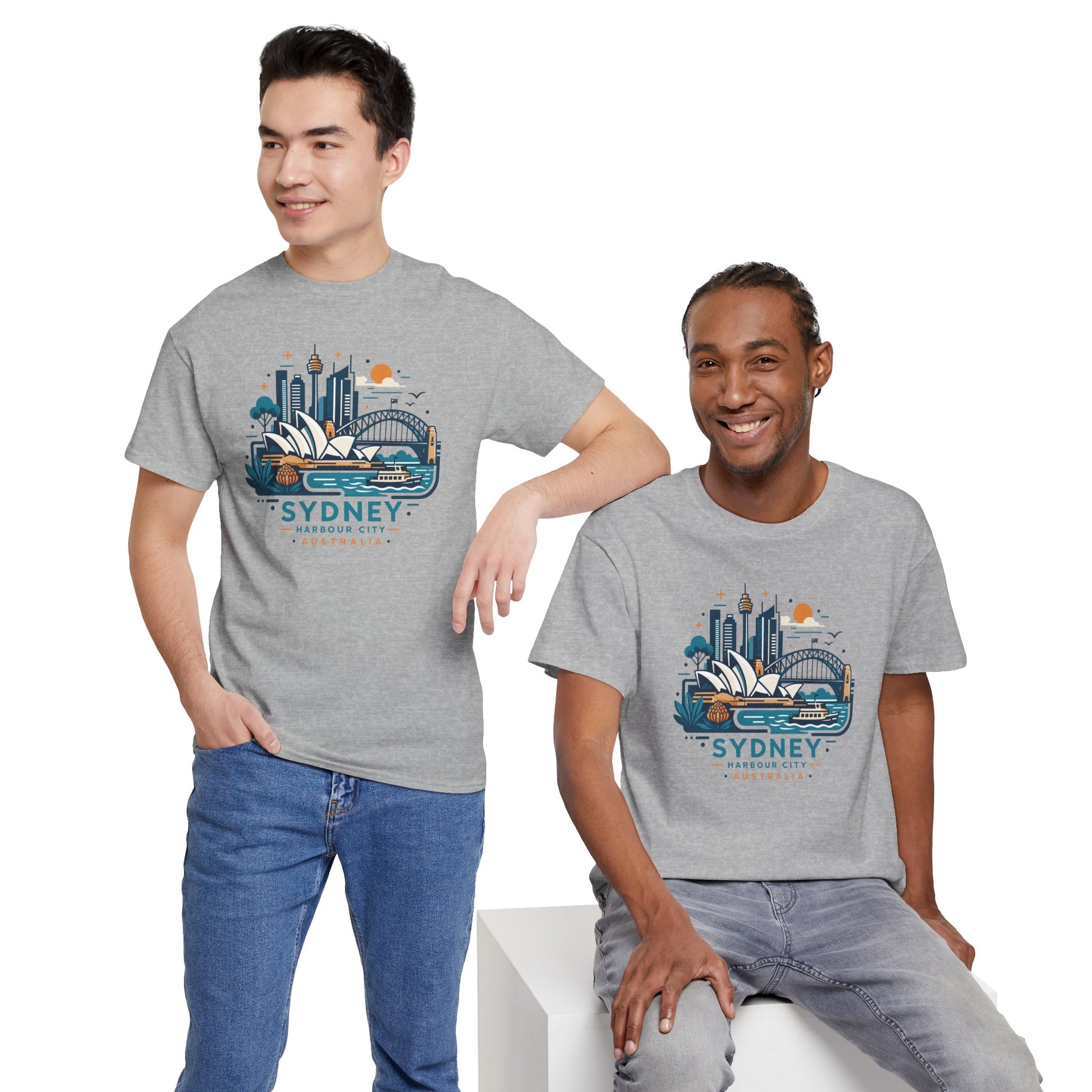 Light gray Sydney cityscape T-shirt with colorful skyline graphic, crew neck, short sleeves.